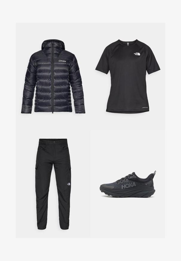 Črna puhovka s kapuco, s qp quilt paternom in celim zadrgo na sprednji strani. Vključuje kontrastni logo na levem prsnem delu.; Črna kratko rokavna športna majica iz teksturirane tkanine, z belim logotipom na levem prsnem delu in ravnim robom.; The North Face HORIZON PANT - Hlače za na prostem - black; Črne tekaške čevlje Hoka z mrežasto zgornjim delom, teksturiranimi podrobnostmi in debelim, oblazinjenim podplatom s koničastimi robovi za izboljšano podporo.