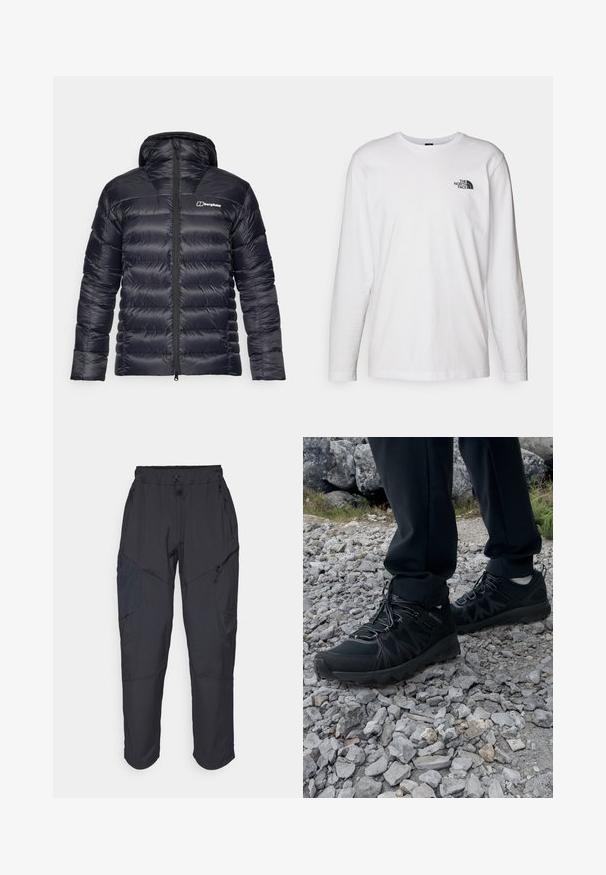 Sort pufferjakke med hætte, der har et quiltet design og en fuld lynlås foran. Inkluderer et kontrastlogo på venstre bryst.; Hvid langærmet T-shirt lavet af bomuld med rund hals. Har et lille sort logo på brystet. Glat tekstur, almindelig pasform.; Sorte cargo bukser lavet af et let, vandafvisende materiale; har elastisk talje, flere lynlåslommer og tætsiddende ben.; Sorte udendørssko med mesh og syntetisk materiale, med en tekstureret overdel, sikre snørebånd og en robust ydersål, på klippelandskab.