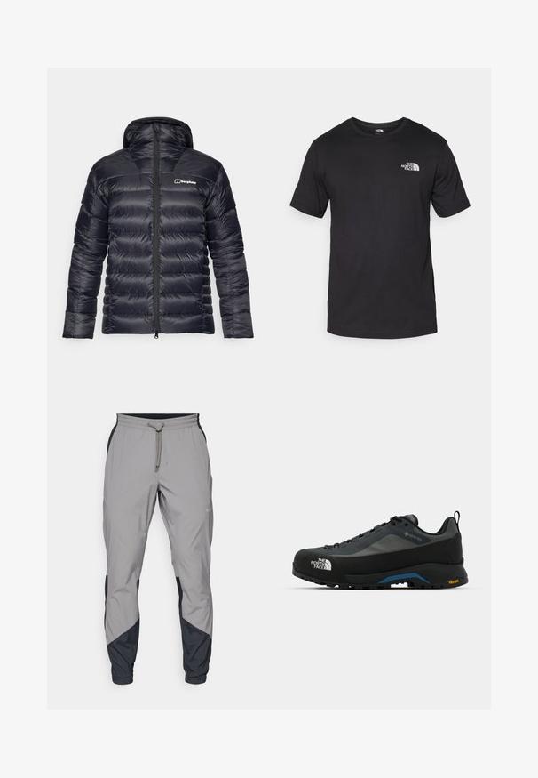Černá prošívaná bunda s kapucí, která má celoplošný zip a prošívaný design. Obsahuje kontrastní logo na levé hrudi.; Černé tričko s krátkým rukávem vyrobené z bavlny, s kulatým výstřihem a malým bílým logem na horní levé části hrudi.; Lehké šedé sportovní kalhoty s černými detaily. Elastický pas, stahovací šňůrka, tapered nohavice a boční kapsy.; The North Face VERTO ALPINE GORE TEX - Trekingové boty - asphalt grey/tnf black