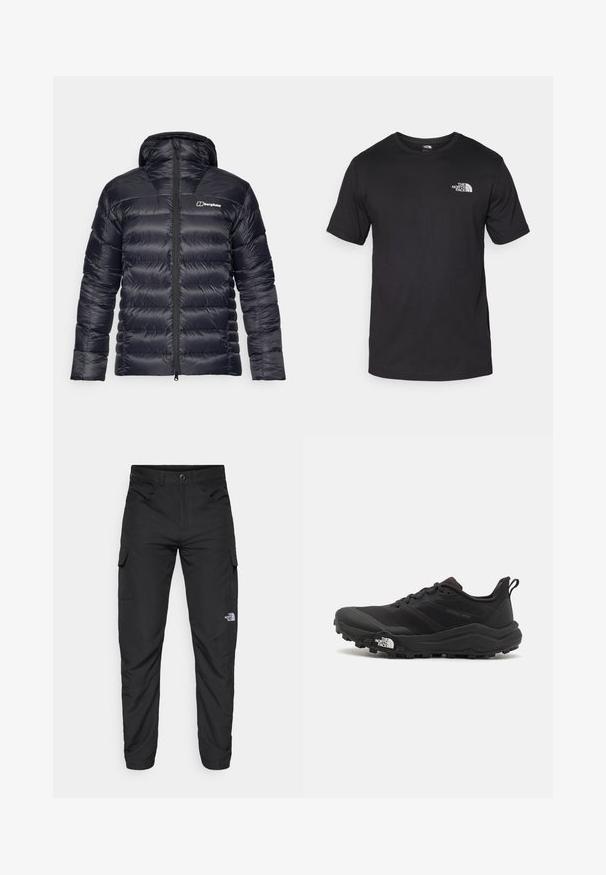 Casaco puffer preto com capuz, apresentando um design acolchoado e um fecho zip completo na frente. Inclui um logotipo em contraste no peito esquerdo.; T-shirt preto de manga curta feito de algodão, com um decote redondo e um pequeno logótipo branco na parte superior esquerda do peito.; The North Face HORIZON PANT - Calças para exterior - black; Sapatilha de trail running preta com um upper texturizado, sola de borracha e biqueira reforçada. Possui um colarinho acolchoado e uma alça para facilitar o calçar.
