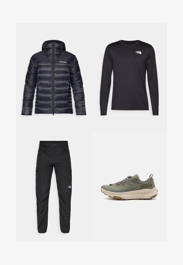 Melnā pūkainā jakā ar kapuci, ar izšuvumu un pilnu rāvējslēdzēju priekšpusē. Ietver kontrastējošu logo kreisajā krūtīs.; Garās piedurknes melna sporta t-kreklu, izgatavots no viegla auduma, ar baltu logo augšējā kreisajā krūtī. Gluda tekstūra.; The North Face HORIZON PANT - Āra bikses - black; Zaļas Hoka skriešanas kurpes ar Gore-Tex augšdaļu, strukturētām akcentiem, elastīgām šņorēm un biezu bēša krāsas zoli ar Vibram logo.