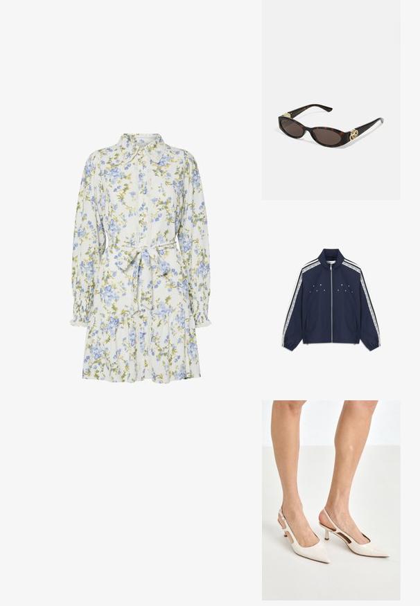 Marineblauwe jas met een rits aan de voorkant, kantaccenten op de schouders, witte gestreepte zijpanelen en sterborduursel op de borst.; Bloemendress in het wit met blauwe en groene bloemen, voorzien van een kraag, knoopsluiting aan de voorkant, lange mouwen met elastische manchetten en een tailleband.; Beige gepatineerde leren slingback hakken met een spitze neus en een hak van 5 cm, met uitsparingen aan de zijkanten en een dunne enkelband.; Schildpadbril met langwerpige ovale lenzen, bruine tint, gouden logo-accenten op de pootjes en slanke zwarte armen.; Beige handtas met een patroon en een gebogen vorm, leren accenten en een goudkleurig logo aan de voorkant. Beschikt over een kort handvat voor gemakkelijk dragen.