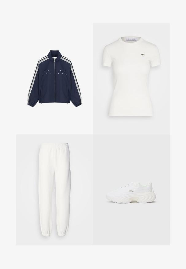 Navy blue jacket with a front zipper, lace accents on shoulders, white striped side panels, and star embroidery on the chest.; White short-sleeve ribbed t-shirt with a round neckline and a small green Lacoste crocodile logo on the left chest. Smooth cotton fabric.; White sweatpants made of soft, knitted fabric. Elastic waistband and cuffs provide a relaxed fit. Minimalist design, no visible patterns or accents.; White sneaker featuring a textured upper, prominent sole design, lace closure, and small logo detail. Smooth and lightweight construction.