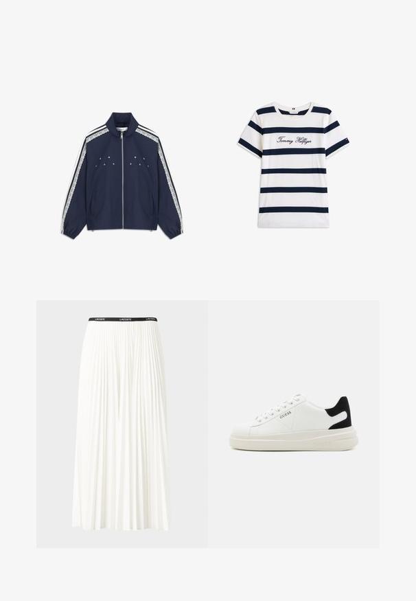 Marineblaue Jacke mit einem Frontreißverschluss, Spitzenakzenten an den Schultern, weißen gestreiften Seitenpaneelen und Sternstickerei auf der Brust.; Baumwoll-T-Shirt mit horizontalen navy-blauen Streifen auf weißem Hintergrund. "Tommy Hilfiger" in Kursivschrift auf der Brust gestickt. Runder Halsausschnitt.; Faltenrock aus Weiß mit einem schwarzen elastischen Bund, der das "LACOSTE"-Logo trägt. Mittellanges Design mit weicher Textur.; Weiße Leder-Sneaker mit einer dicken weißen Sohle, schwarzem Wildlederakzent an der Ferse und geprägtem Logo an der Seite. Schnürdesign mit sechs Ösen.