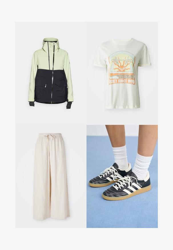 Jachetă impermeabilă cu partea superioară de culoare verde deschis și secțiune inferioară neagră, două buzunare frontale, închidere cu fermoar și glugă ajustabilă.; Tricou din bumbac de culoare crem, cu un grafic retro ce include palmieri, soare și inscripția "ROXY SINCE 1990" în accente de portocaliu și teal. Mâneci scurte.; Pantaloni cu picioare largi, de culoare crem, cu un elastic în talie și șnur de ajustare. Material lin de in, ușor și neted, fără modele sau accesorii vizibile.; Adidași din piele neagră cu dungi albe, vârful rotund, șireturi albe și talpă din cauciuc natural. Accentuați de un guler căptușit și detalii de brand.