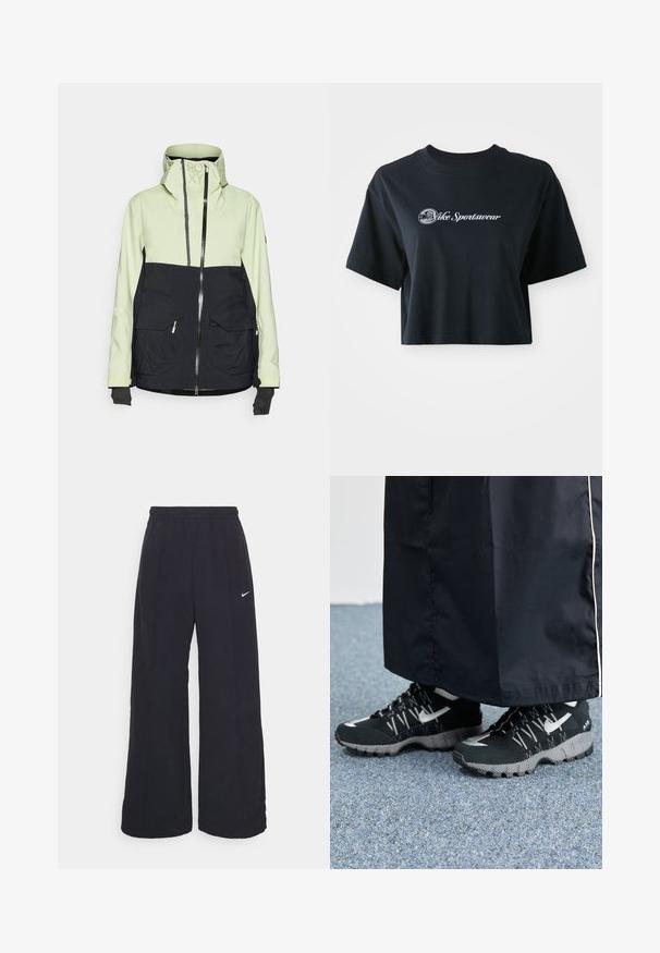 Vízálló dzseki, világoszöld felső résszel és fekete alsó résszel, két elülső zsebbel, cipzáros záródással és állítható kapucnival.; Rövid ujjú, cropped fekete pamut póló, fehér "Vice Sportswear" felirattal és kör alakú grafikával az elején.; Fekete, bő szárú nadrág rugalmas derékpánttal és egy kis fehér Nike logóval. Anyaga sima tapintású, kényelmes és mindennapi viseletre lett tervezve.; Fekete sportcipők, textúrált felsőrésszel, ezüst kiegészítőkkel és mintás talppal, fekete hosszú ruhadarabbal párosítva. Kék szőnyegen.
