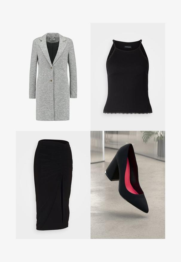 ONLY ONLCARRIE - Halflange jas - light grey; Zwarte geribbelde tanktop met een scallooped kanten rand aan de onderkant. Heeft dunne bandjes en een aansluitend ontwerp. Gemaakt van rekbare stof.; Zwarte, gerimpelde kokerrok met strikdetail en een zijsplit. Gemaakt van een rekbaar stof, met een soepele textuur en een aansluitend ontwerp.; Zwarte hoge hak met een spitse neus, textuur op het oppervlak en een opvallend roze interieur. Beschikt over een chunky hak met zilveren accent.