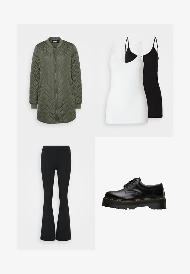 Jachetă bomber matlasată în verde măsliniu, cu închidere prin fermoar, manșete ribbed și modele verticale în formă de diamant pentru textură.; Două topuri pentru femei: unul alb și unul negru, realizate dintr-un material moale, având bretele subțiri și un decolteu în V adânc.; Pantaloni negrii evazați dintr-un material elastic, având un talie înaltă și o textură netedă. Pantalonii se lărgesc de la genunchi.; Pantofii din piele neagră, cu șireturi, au o talpă groasă din cauciuc negru, zimțată, și cusături galbene pe margine, având un finisaj neted.