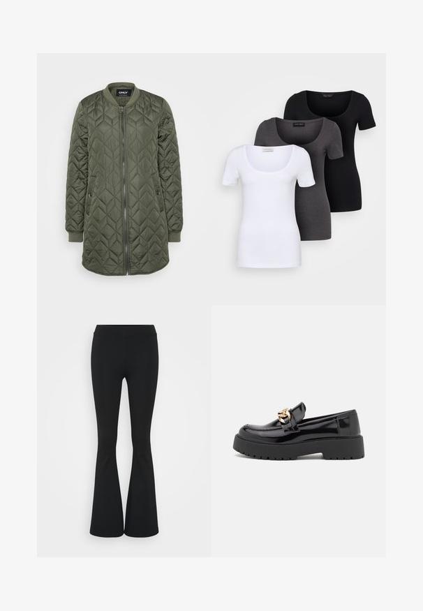 Jachetă bomber matlasată în verde măsliniu, cu închidere prin fermoar, manșete ribbed și modele verticale în formă de diamant pentru textură.; Trei tricouri ajustate, în alb, gri și negru. Fiecare are un decolteu larg în formă de cerc și mâneci scurte. Fabricate dintr-un material neted și elastic.; Pantaloni negrii evazați dintr-un material elastic, având un talie înaltă și o textură netedă. Pantalonii se lărgesc de la genunchi.; Loaferi din piele patent neagră cu talpă groasă neagră și detalii din hardware auriu. Textură netedă și design cu vârf rotunjit.