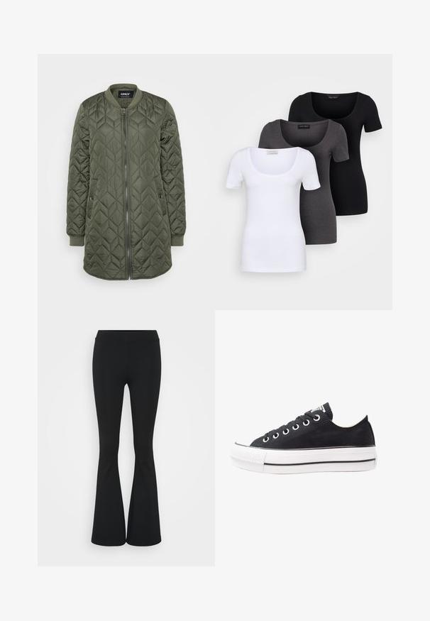 Prešita bomber jakna v olivno zeleni barvi, s zadrgo, rebrastimi manšeti in vertikalnimi rombi za teksturo.; Tri prilegla majica v beli, sivi in črni barvi. Vsaka ima širok izrez na vratu in kratke rokave. Narejene so iz gladkega, raztegljivega materiala.; Črne hlače s širokimi hlačnicami, izdelane iz raztegljive tkanine, z visokim pasom in gladko teksturo. Hlače se širijo od kolena navzdol.; Črne platnene teniske z belim gumijastim podplatom, okroglo konico, nizkim dizajnom, kovinskimi luknjicami in teksturirano konico. Tanka črna črta ob robu podplata.