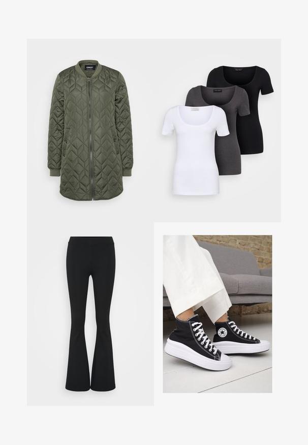 Olive roheline tepitud bomber-jakk, millel on tõmblukk, soonikkoes mansetid ja vertikaalsed rombikujulised mustrid tekstuuri loomiseks.; Kolm mugavat T-särki valges, hallis ja mustas värvitoonis. Igal särgil on lai madal kaelus ja lühikesed varrukad. Valmistatud siledast, venivast kangast.; Mustad flared püksid venivast kangast, kõrge vöökoht ja sile tekstuur. Püksid laienevad põlve kohalt.; Mustad musträgiga kõrge vars sneakerid valgete kummist tallade ja paeltega. Küljel on ringikujuline logo ja kontrastne valge õmblus.