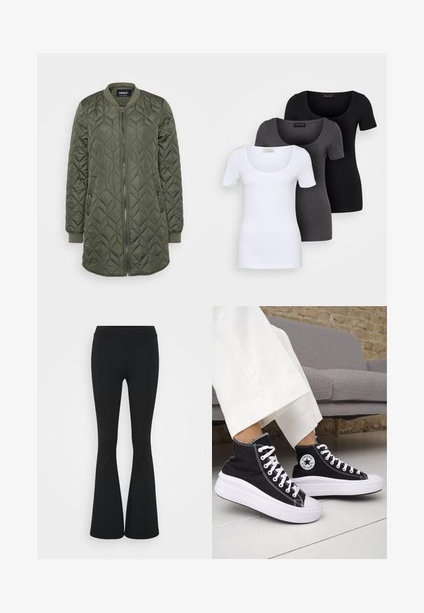 Prešívaná bomber bunda v olivovo zelenej farbe, so zipsom, rebrovanými manžetami a vertikálnymi diamantovými vzormi pre textúru.; Tričko v bielej, šedej a čiernej farbe s priliehavým strihom. Každé má široký výstrih a krátke rukávy. Vyrobené z hladkej, elastickej tkaniny.; Čierne rozšírené nohavice vyrobené z elastického materiálu, s vysokým pásom a hladkou textúrou. Nohavice sa rozširujú od kolena.; Čierne vysoké tenisky s bielymi gumovými podrážkami a šnúrkami. Obsahujú okrúhlu nášivku s logom a kontrastné biele prešívanie. Materiál je plátený.