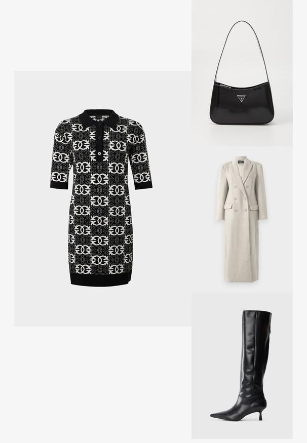 Lång beige dubbelknäppt ullkappa med slagkrage, sex knappar, två sidofickor och en bröstficka, helt fodrad inuti.; Koftklänning i spets med ett svart och vitt geometriskt mönster. Har korta ärmar, krage och tre knappar fram.; Svart läderknähigh boot med spetsig tå och smal, böjd klack. Slät textur, åtsittande design och ingen synlig hårdvara eller mönster.; Svart lackläder axelväska med en böjd form, med en silvertriangel-logotyp och en dragkedjestängning. Slät textur och smal rem.