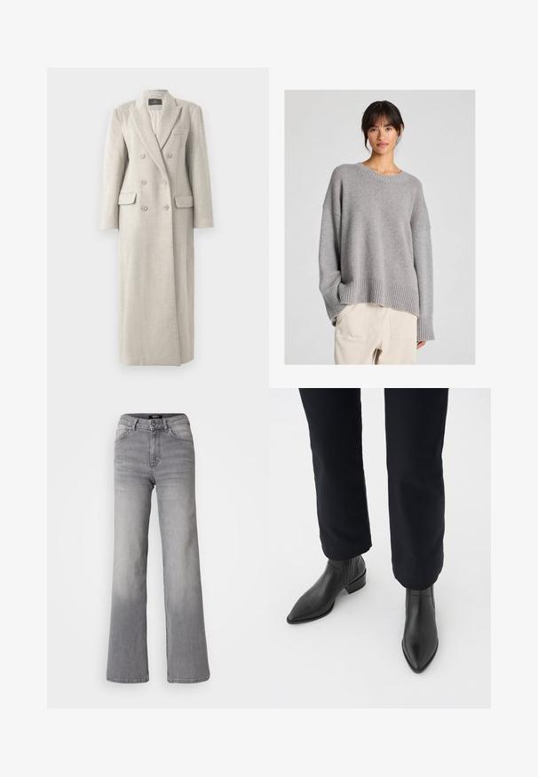 Long beige double-breasted wool coat with lapel collar, six buttons, two flap pockets, and one chest pocket, fully lined inside.; Grey knitted sweater with a relaxed fit, round neckline, ribbed cuffs, and hem. Soft texture with a subtle knit pattern. Paired with light trousers.; High-waisted straight-leg gray denim jeans with front button and zipper, front and back pockets, and faded shading on thighs and calves.; Black leather ankle boots with a pointed toe, block heel, and textured side panels, worn with dark pants against a white background.