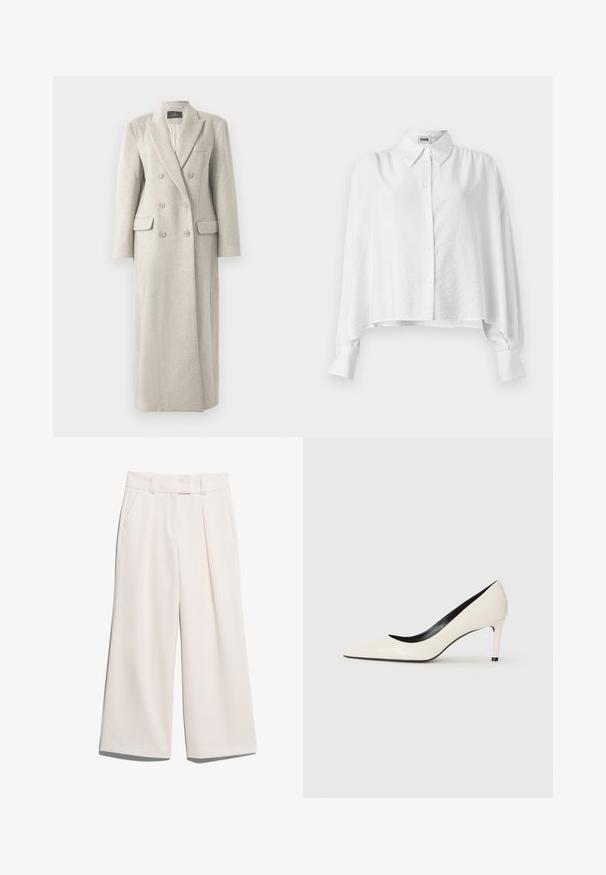 Casaco de lã bege, duplo, com lapela, seis botões, dois bolsos com aba e um bolso no peito, totalmente forrado por dentro.; Camisa branca de botão com um corte descontraído, apresentando colar com aba, mangas longas e uma bainha ligeiramente encurtada. Tecido liso e leve.; Calças largas de cor creme claro, feitas de um tecido suave, com dois bolsos frontais e costura visível na cintura.; Sapatilha alta em couro sintético branco com bico fino, salto esbelto e detalhes interiores em preto. Textura suave e design elegante.