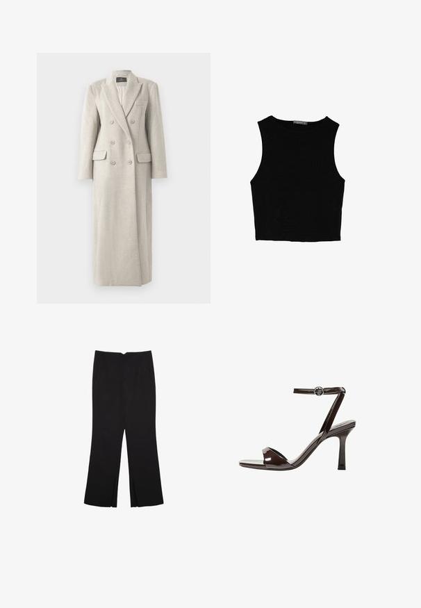 Lange beige dubbele-breasted wollen jas met reverskraag, zes knopen, twee klepzakken en één borstzak, volledig gevoerd van binnen.; Zwarte mouwloze crop top van soepel materiaal, met een ronde hals en een schone, eenvoudige uitstraling zonder patronen of hardware.; Zwarte broek met een rechte pasvorm, voorzien van zijzakken en plooien aan de onderzijde. Gemaakt van zachte, gladde stof. Geschikt voor verschillende gelegenheden.; Bruine gepatenteerde lederen sandaal met hoge hak, enkelbandje, open teen, en een strak, minimalistisch ontwerp. Voorzien van een vierkante hak.