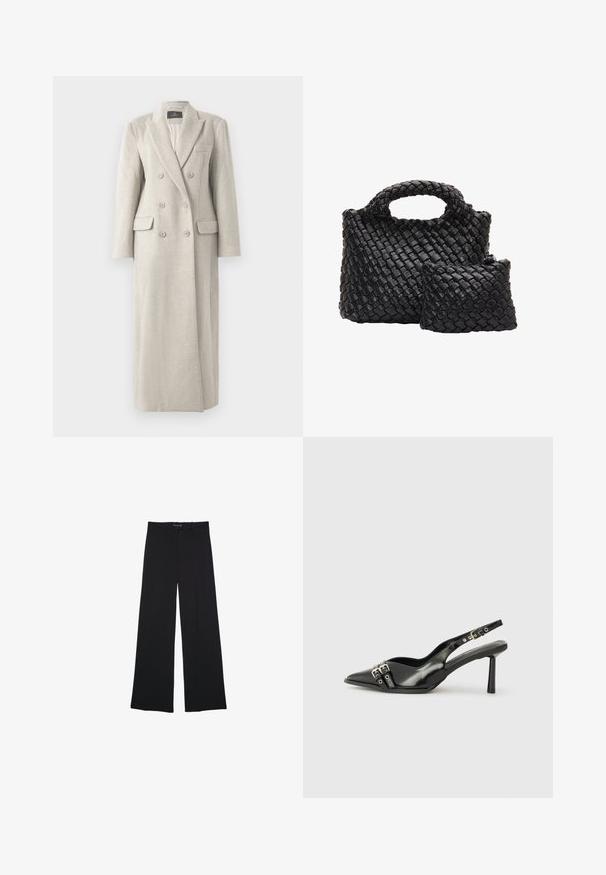 Langer beiger, doppelt-knöpfiger Wollmantel mit Reverskragen, sechs Knöpfen, zwei aufgesetzten Taschen und einer Brusttasche, vollständig gefüttert.; Schwarzes Langarmshirt mit weißen horizontalen Streifen, gerippter Struktur und rundem Ausschnitt. Figurumspielendes Design mit geradem Saum.; Schwarze weite Hosen aus einem glatten Stoff. Mit einem klassischen Schnitt, Vordertaschen und einem Bund mit Knopfverschluss.; Schwarzer Lackleder Slingback-Schuh mit spitzem Zehenbereich, Knöchelriemen mit silbernen Schnallen und Beschlägen sowie einem schlanken Absatz.; Schwarze geflochtene Lederhandtasche mit runden Griffen und einem abnehmbaren, kleineren Beutel. Hat eine strukturierte Oberfläche und eine klare Form.