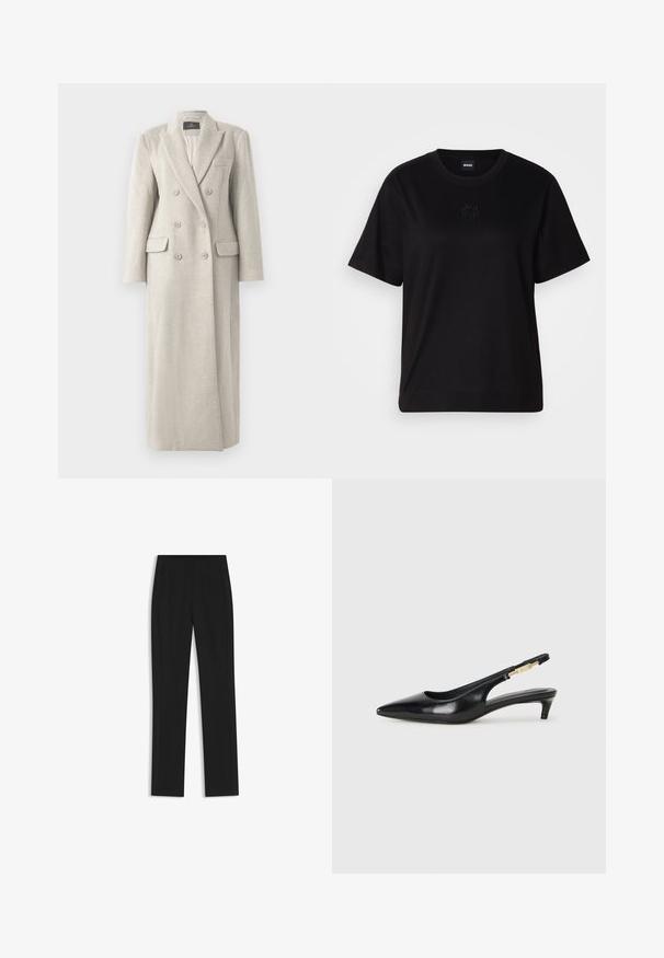 Long beige double-breasted wool coat with lapel collar, six buttons, two flap pockets, and one chest pocket, fully lined inside.; Black cotton t-shirt with a crew neckline, short sleeves, and an embroidered logo on the chest. Simple, relaxed fit with no patterns.; Black tailored trousers with a straight-leg design, featuring front pockets and a smooth, textured fabric. Neat, minimal detailing.; Black leather slingback heels with a pointed toe, featuring a slim heel and a gold-tone accent on the adjustable strap. Smooth texture.