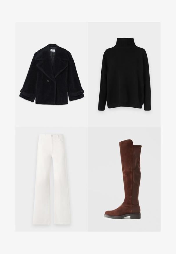 Črn, teksturiran plašč s širokimi klapnicami, dvojno zapenjanjem in zvitimi rokavi. Narejen iz mehke, puhaste tkanine.; Črni pleteni pulover z visokim rebrastim ovratnikom, spuščenimi rameni in sproščenim krojem. Ima rebraste manšete in spodnji rob za dodatno teksturo.; Bela, visoko pasovana široka obrtnica iz denima. Ima zaponko, dva sprednja žepa in stranske šive s podrobnostmi šivanja.; Visoka rjava z vodoodpornim materialom in tkanino, z nizkim črnim peto in zaobljenim nosom, prikazana v bočnem pogledu na eni barvni beli podlagi.