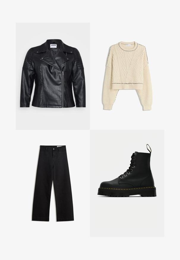 Musta nahkainen moottoripyöräjakku, jossa on kaulus, viistovetoketju ja tikkaukset olkapäissä. Ominaisuuksiin kuuluu sileä pinta ja hyvin istuva malli.; Kermainen kaapelikudottu neulepaita, jossa on lyhyt muotoilu, resorit hihansuissa ja kontrastivärinen musta reunus kaula-aukossa ja helmassa.; Mustat leveät farkut korkealla vyötäröllä, joissa on etu- ja takataskut, ommellut saumat ja nappisuljenta. Silkinoinen rakenne.; Musta nahkainen nauhakenkä ankle boot, jossa on paksu, teksturoitu kumipohja ja keltainen ompelu yksityiskohtana alapuolella.