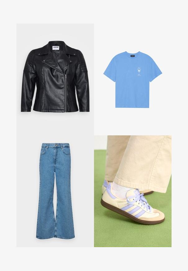 Juodas odinis motociklams skirtas švarkas su apykakle, įstrižine užtrauktuku ir siuvinėtomis petnešomis. Pasižymi lygiu paviršiumi ir pritaikytu siluetu.; Šviesiai mėlyna medvilninė marškinėliai su apvaliu iškirpimu. Kairėje krūtinės pusėje pavaizduotas baltas palmės medžio grafikas ir tekstas. Trumpomis rankovėmis.; Šviesiai mėlynos flared džinsai, pagaminti iš džinsinio audinio, su aukštu liemeniu, penkiomis kišenėmis ir vienu mygtuko užsegimu. Minkštas paviršius su išblukusiu efektu.; Kreminės ir levandų spalvos sportbačiai su trims juostelėmis ir tekstūruota ruda padais, su raišteliais ir paminkštintu kulnu. Minkšta medžiaginė viršutinė dalis.