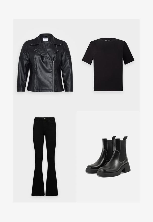 Chaqueta de moto de cuero negro con cuello, cremallera diagonal y detalles acolchados en los hombros. Presenta una textura suave y un corte entallado.; Camiseta negra de manga corta con cuello redondo, fabricada en suave algodón. Diseño simple, sin logos ni patrones visibles.; Jeans negros de cintura alta con cierre de botón y cremallera, bolsillos frontales y piernas acampanadas, dispuestos sobre un fondo blanco.; Botas Chelsea de cuero negro con tacón grueso, paneles laterales elásticos y costuras en blanco que contrastan. Acabado texturizado.