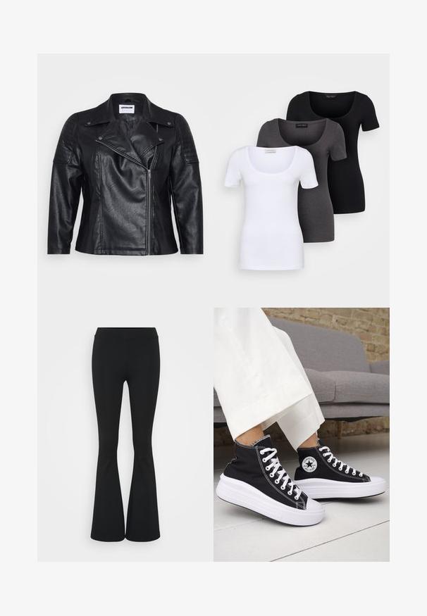 Schwarze Leder-Motorradjacke mit Kragen, diagonalem Reißverschluss und gesteppter Schulterpartie. Sie verfügt über eine glatte Textur und eine taillierte Passform.; Drei figurbetonte T-Shirts in Weiß, Grau und Schwarz. Jedes hat einen weiten Rundhalsausschnitt und kurze Ärmel. Hergestellt aus glattem, elastischem Stoff.; Schwarze, ausgestellte Hosen aus dehnbarem Material mit hohem Bund und glatter Textur. Die Hose weitet sich ab dem Knie.; Schwarze High-Top-Sneaker mit weißen Gummisohlen und Schnürsenkeln. Verfügt über ein rundes Logo-Patch und kontrastierende weiße Nähte. Aus Canvas-Material.