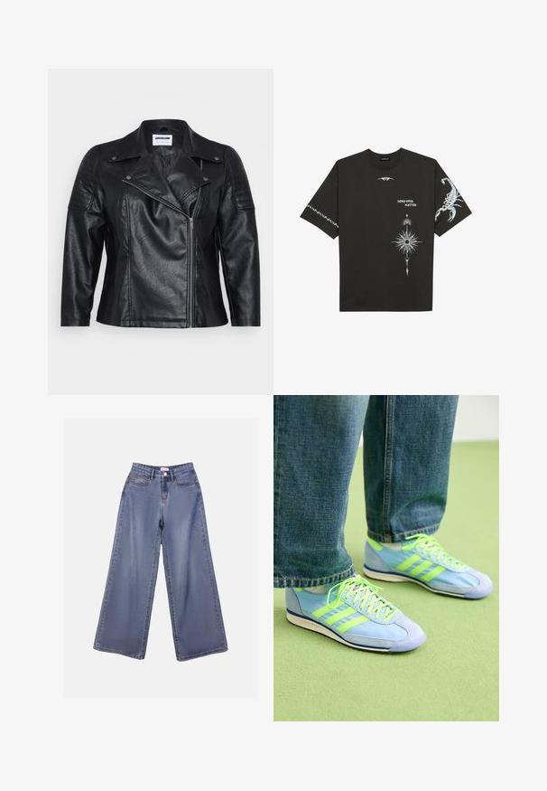 Casaco de moto em couro preto com colarinho, fecho diagonal e detalhe acolchoado nos ombros. Apresenta uma textura suave e um corte ajustado.; T-shirt de algodão preto com estampas gráficas brancas, incluindo um escorpião e designs abstratos. Mangas curtas; decote redondo.; Calças de ganga de perna larga numa lavagem azul clara, com uma cintura alta, bolsos frontais e fecho de botão com passadores para cinto.; Ténis atléticos azul claro com detalhes verdes, em material de camurça e sintético, apresentando três riscas e uma sola texturizada. Combinados com calças de ganga largas.