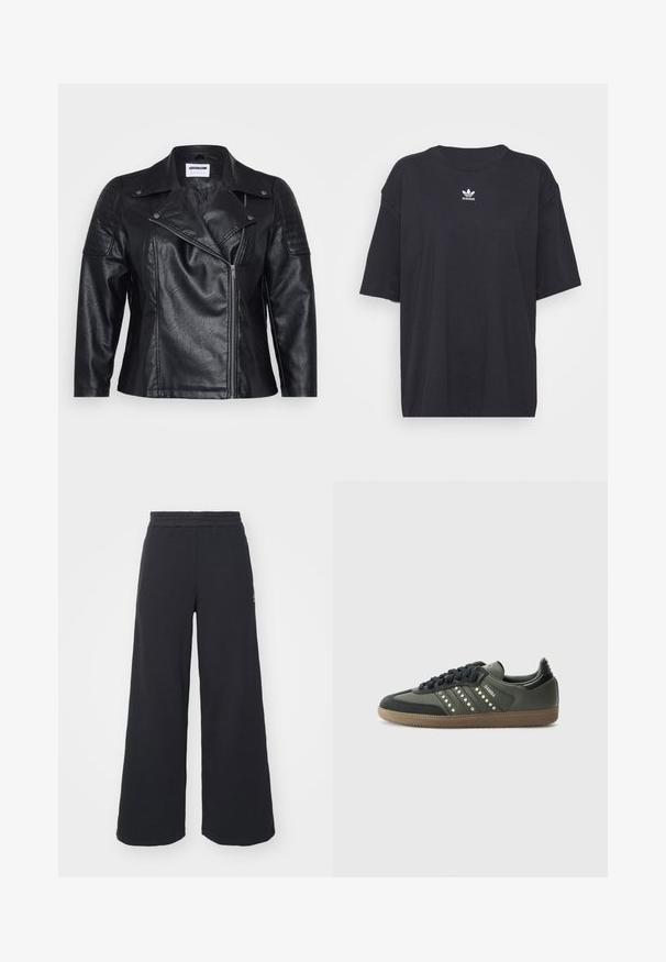 Fekete bőrmotoros dzseki, gallérral, ferde cipzárral és steppelt vállrészletekkel. Simább textúrával és szabott fazonnal rendelkezik.; Fekete pamut póló rövid ujjakkal, kerek nyakkivágással, mellkason fehér Adidas logóval. Egyszerű dizájn, laza fazon.; Fekete, bő szárú melegítőnadrág, puha anyagból készült, rugalmas derékkal és egy kis logóval a bal oldalon.; adidas Originals SAMBA OG - Sportcipő - core black/legend earth/gum