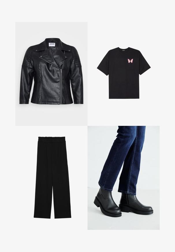 Jachetă de motocicletă din piele neagră, cu guler, fermoar în diagonală și detalii matlasate pe umeri. Prezintă o textură netedă și o croială ajustată.; Tricou negru din bumbac cu mâneci scurte, având pe partea stângă a pieptului un mic grafic cu un fluture roz. Design cu guler rotund și croială lejeră.; Pantaloni largi negri cu un tiv volant, cu două buzunare laterale și un material neted, ușor. Fără modele vizibile sau accesorii.; Bocanci negri din piele cu tălpi groase și panouri elastice pe laterale, asortați cu blugi de culoare bleumarin. Solul este de culoare deschisă.