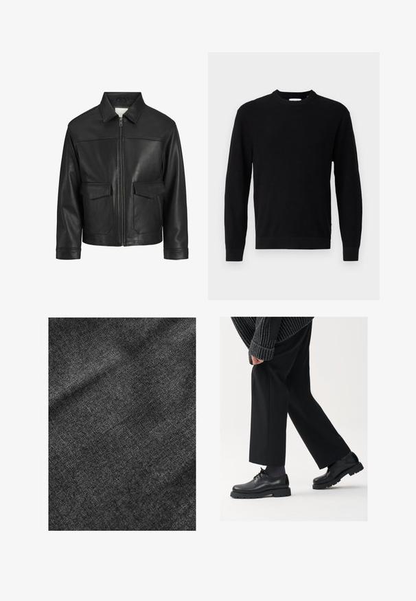 Schwarze Lederjacke mit Kragen, Frontreißverschluss, zwei großen Klappen Taschen, glatte Textur und strukturierte Passform.; Schwarzer gestrickter Pullover mit rundem Halsauschnitt, langen Ärmeln und einem gerippten Textur. Verfügt über einen geraden Saum und ein minimales Design.; Strukturierter schwarzer Stoff mit einer weichen, leicht glänzenden Oberfläche, die ein dezentes Webmuster und einen geschmeidigen Fall aufweist.; Schwarze Lederschuhe mit einer runden Spitze, Schnürdesign und dicker, strukturierter Sohle. Getragen mit maßgeschneiderten schwarzen Hosen und einem gerippten Pullover.