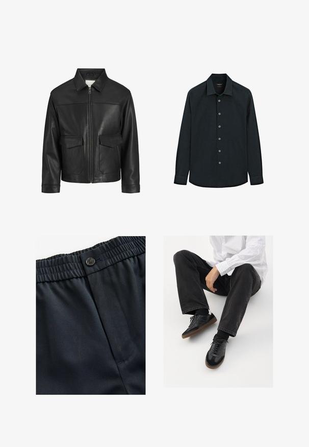 Giubbotto di pelle nera con colletto, chiusura frontale con zip, due ampie tasche a pattina, texture liscia e vestibilità strutturata.; Camicia nera a maniche lunghe, con colletto, sette bottoni davanti e polsini, esposta su sfondo bianco.; Tessuto leggero di colore blu navy con una texture liscia. Presenta una cintura elastica con chiusura a bottone e una tasca laterale.; Sneaker nere con una tomaia liscia e testurizzata, con suola in gomma e lacci scuri. Abbinati a jeans neri e una camicia bianca a righe.