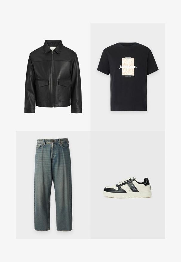 Must mustserve nahkjakker, millel on krae, esine tõmblukk, kaks suurt klapiga taskut, sile tekstuur ja struktureeritud sobivus.; Mustmust mustäriga T-särk, millel on ümar kaelus. Esipaneelil on beež ristkülikukujuline graafika ja valge tekst "JAWO", mis on keskendatud. Lühikesed varrukad.; Heledad sinine denim-stiilis teksad, volüümse lõike, keskmise kõrgusega talje ja sirgete säärega. Omab viit taskut, vöökumme ja nööpide sulgemist.; Nahatud nahkkingad musta ja kreemi värviskeemiga, millel on perforeeritud aktsendid, pehme krae ja tekstureeritud tallad.