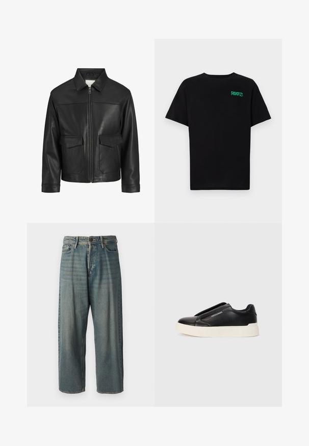 Veste en cuir noir avec un col, fermeture éclair à l'avant, deux grandes poches à rabat, texture lisse et coupe structurée.; T-shirt noir en coton à manches courtes. Présente un logo "ROOTS" vert sur le devant, un col rond et une coupe standard.; Jeans en denim bleu clair avec une coupe ample, taille mi-haute et jambes droites. Comprend cinq poches, des passants de ceinture et une fermeture à bouton.; Baskets noires à enfiler avec un dessus en cuir texturé, semelle en caoutchouc blanche et sans lacets visibles. Présente le logo de la marque sur le côté.
