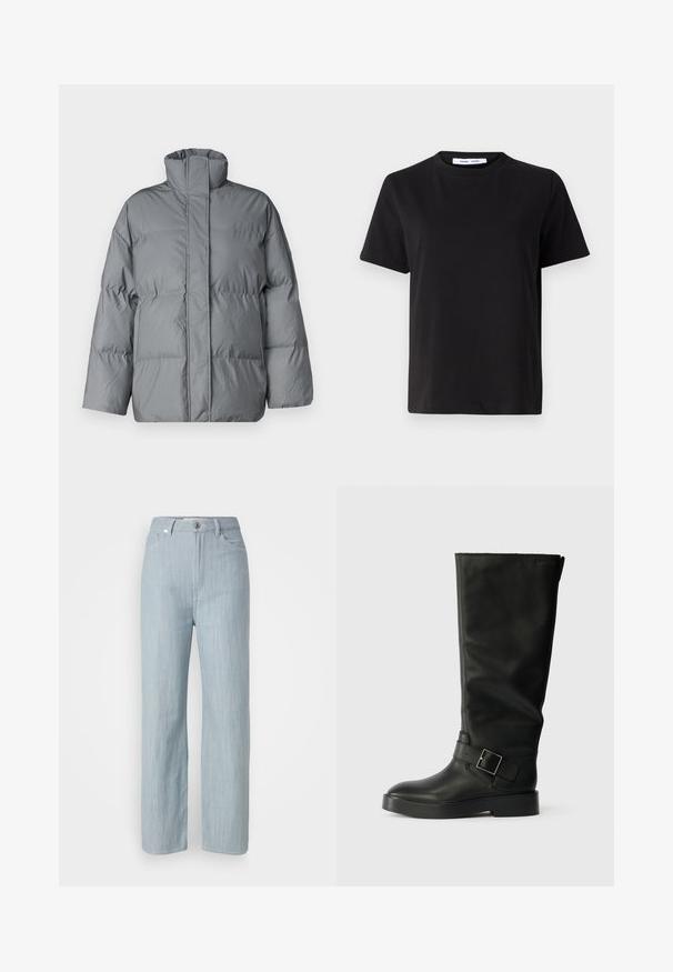 Pelēks spilventu mētelis ar augstu apkakli, taisnu siluetu un quiltētu tekstūru. Tam ir priekšējā aizdare un plati piedurknes.; Melna īsām piedurknēm T-kreklu, kas izgatavots no mīksta kokvilnas, ar apļveida kakla izgriezumu, brīvu piegriezumu un gludu tekstūru. Nav redzamu rakstu vai grafikas.; Gaiši zilas taisnas kājas džinsi, izgatavoti no džinsa auduma. Iezīmē piecas kabatas, metāla pogu aizdari un smalku nodilumu tekstūrai.; Melnas līdz ceļiem augstas kurpes, izgatavotas no gludas ādas, ar noapaļotu purngali, biezu zoli un horizontālu siksnu ar taisnstūra sprādzi.