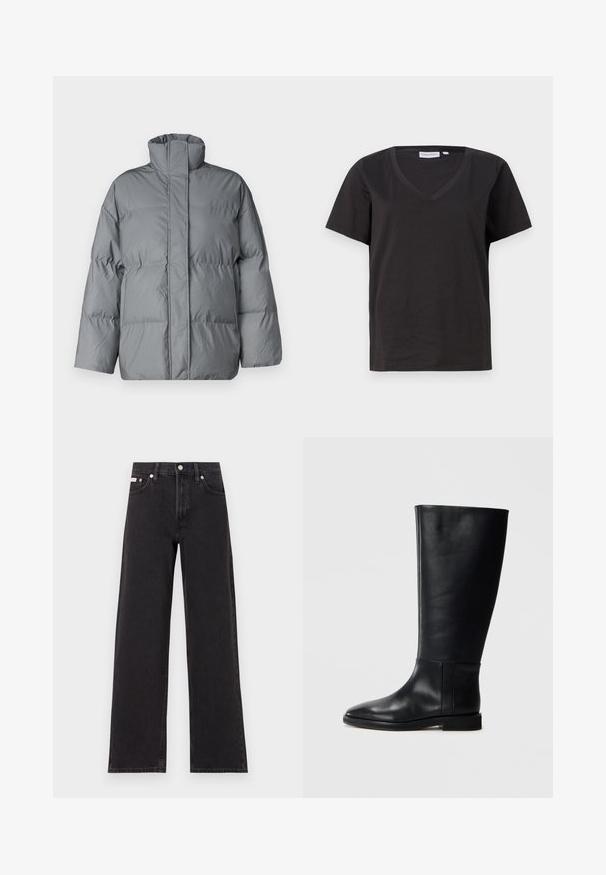 Šedá zateplená bunda s vysokým límcem, rovnou siluetou a prošívanou texturou. Obsahuje přední zapínání a široké rukávy.; Černé bavlněné tričko s výstřihem do V a krátkým rukávem. Jednoduchý design s klasickým střihem bez vzorů nebo akcentů.; Černé široké jeansy vyrobené z denimu, s vysokým pasem, pěti kapsami a kovovým zapínáním s kontrastním prošíváním.; Černá kožená vysoká bota s kulatou špičkou, hladkou texturou, minimalistickým designem a plochou podrážkou. Jednoduché švy na holeně.