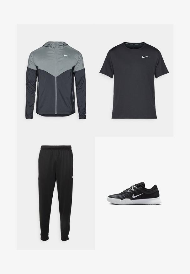 Nike hooded jacket featuring a gradient design with light gray upper and dark gray lower sections. Made of smooth, lightweight fabric, with zip closure.; Black Nike running T-shirt made of lightweight, breathable material, featuring short sleeves and a small white logo on the chest.; Black athletic pants made of smooth fabric, featuring an elastic waistband, tapered legs, and a small white logo on the left side.; Black athletic shoe with a textured upper, white Nike swoosh, and a white rubber outsole. Features a lace-up design and dynamic shape.