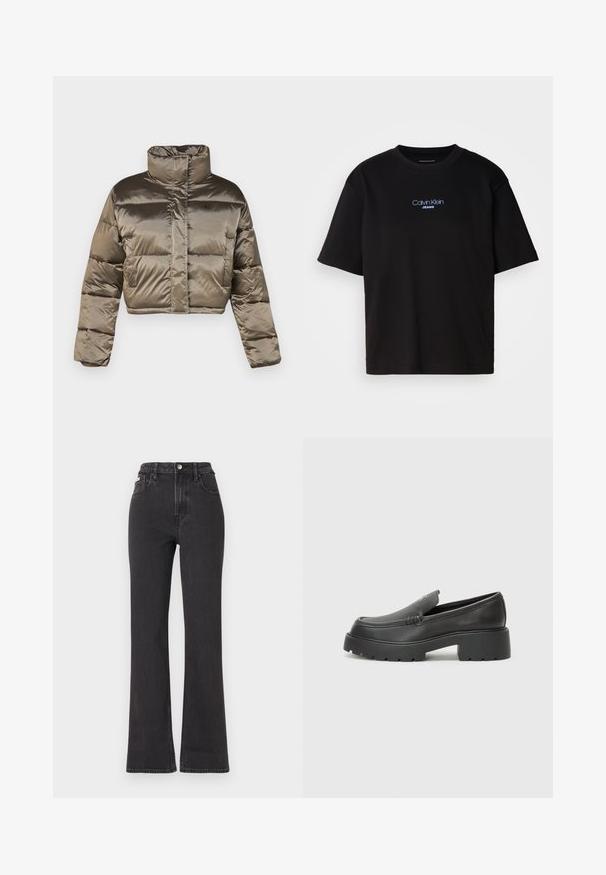 Olive green cropped puffer jacket with a high collar, quilted design, and a front zipper. Features a subtle logo on the chest.; Black cotton t-shirt with a round neck, short sleeves, and blue embroidered "Calvin Klein JEANS" logo on the front.; Black high-waisted flared jeans made of denim, featuring a button closure, belt loops, and side pockets. Smooth texture with minimal fading.; Black leather loafers with a rounded toe, thick textured sole, and minimal stitching details. Sleek design with no visible laces or hardware.