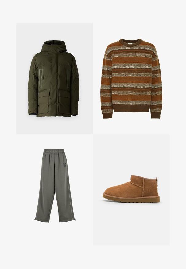 Olivgrüne Steppjacke mit Kapuze, ausgestattet mit zwei Taschen auf der Vorderseite, zwei Brusttaschen und kontrastierenden Kanten an den Taschen. Glatte Textur.; Solid SDMAXWELL - Strickpullover - slate black; Karl Kani KK OS SIDESTRIPE - Stoffhose - grey; Hellbraune Wildleder-Stiefelette mit runder Zehenform, dezenten Nähdetails und einer strukturierten Gummisohle. Kurze Höhe ohne Schnürsenkel.