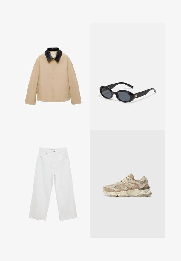 Mango SHEILA - Let jakke / Sommerjakker - beige; Hvid ærmeløs tanktop med firkantet udskæring, glat tekstur og tætsiddende design. Fremstillet af letvægtsmateriale.; Hvide bukser med bred benvidde lavet af denim med høj talje, der har fem lommer og metalhardware. Glat tekstur, uden synlige mønstre.; Beige sportsko i mesh og ruskind, rund tå, tykk sål og bemærkelsesværdige reflekterende detaljer på siden.; Sorte ovale solbriller med mørke linser, glansfuld plastikramme, brede arme og en lille gul accent på den ene side.