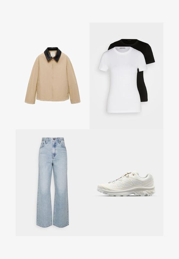 Mango SHEILA - Let jakke / Sommerjakker - beige; To korte ærmede T-shirts i sort og hvid. Fremstillet af blødt bomuld med en klassisk rund halsudskæring og normal pasform.; Lysblå denim brede ben jeans med høj talje, klassisk fem-lomme design og kontrasterende syninger. Uslebne kanter i bunden.; Hvid løbesko med en åndbar mesh-overdel, teksturerede detaljer og en polstret sål. Udstyret med et hurtigt-lace system for nemtilpasning.