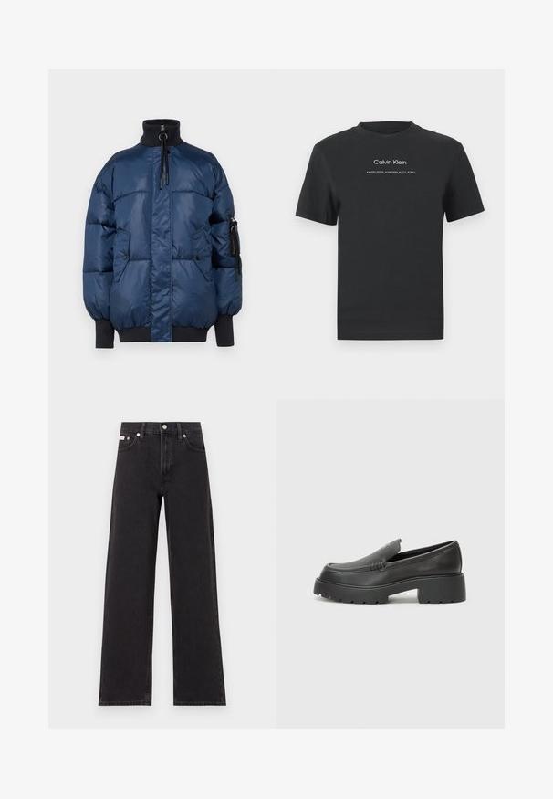 Pūķa jakas tumši zilā krāsā ar augstu apkakli, priekšējo rāvējslēdzēju, elastīgām aprocēm, divām sānu kabatām un vienu rāvējslēdzēja kabatu uz rokas.; Melna kokvilnas T-kreklā ar apaļu apkakli, īsām piedurknēm un baltu uzdrukātu "Calvin Klein" logotipu un tekstu "Izveidots 1968".; Melni platmalu džinsi, kas izgatavoti no denima, ar augstu vidukli, piecu kabatu dizainu un metāla pogas aizdari ar kontrastējošu šuvumu.; Melnas ādas mokasīni ar noapaļotu purngalu, biezs teksturēts zoles un minimālas dūriena detaļas. Gluds dizains bez redzamām auklām vai metāla elementiem.