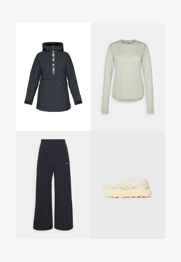 Sort isoleret jakke med hætte, der har en frontlynlås, fremtrædende logo på brystet og justerbare manchetter. Tekstureret stof med polstring.; Langærmet lysegrøn skjorte lavet af tekstureret stof, med en rund halsudskæring og et lille logo på venstre bryst.; Sorte brede bukser med elastisk talje og et lille hvidt Nike-logo. Stoffet har en glat tekstur, designet til komfort og afslappet brug.; Lys beige atletisk sneakers med gennemsigtig overdel, tykk polstret sål, sider laces og Vibram-logo på den ydre sål.