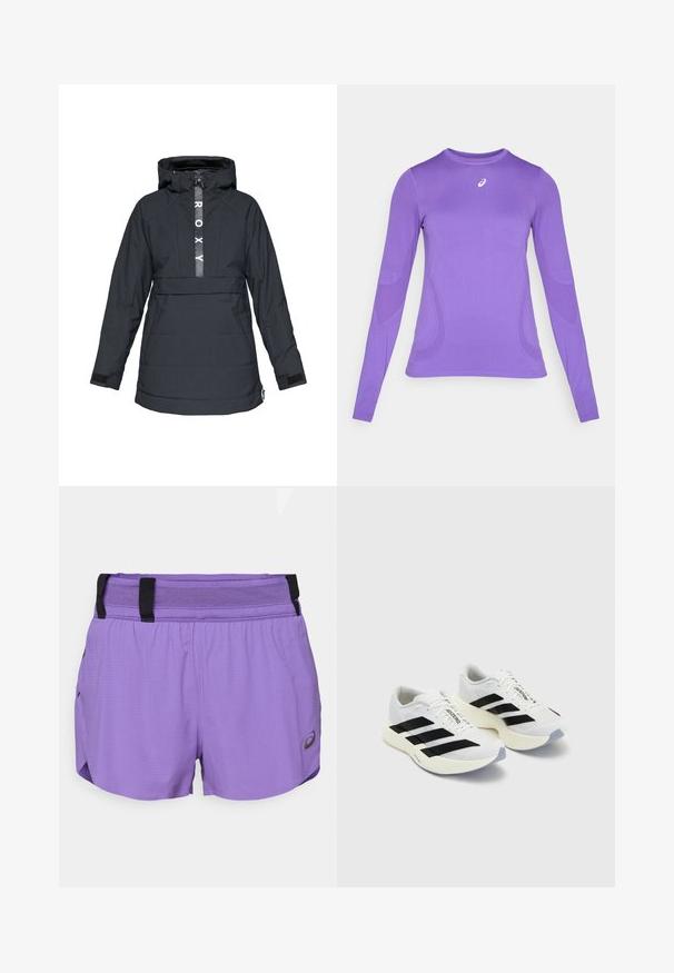 Jachetă izolată neagră cu glugă, având un fermoar frontal, un logo proeminent pe piept și manșete ajustabile. Material texturat cu umplutură.; Tricou sportiv cu mânecă lungă din stofă violet deschis, având un design ajustat, gât rotund și o textură subtilă, cu detalii ale logo-ului pe piept.; ASICS METARUN SPLIT SHORT - Pantaloni scurți sport - edo purple; Încălțăminte sport albă cu dungi negre și branding, având un guler din plasă, vârf rotund și o talpă groasă de crem pentru amortizare.