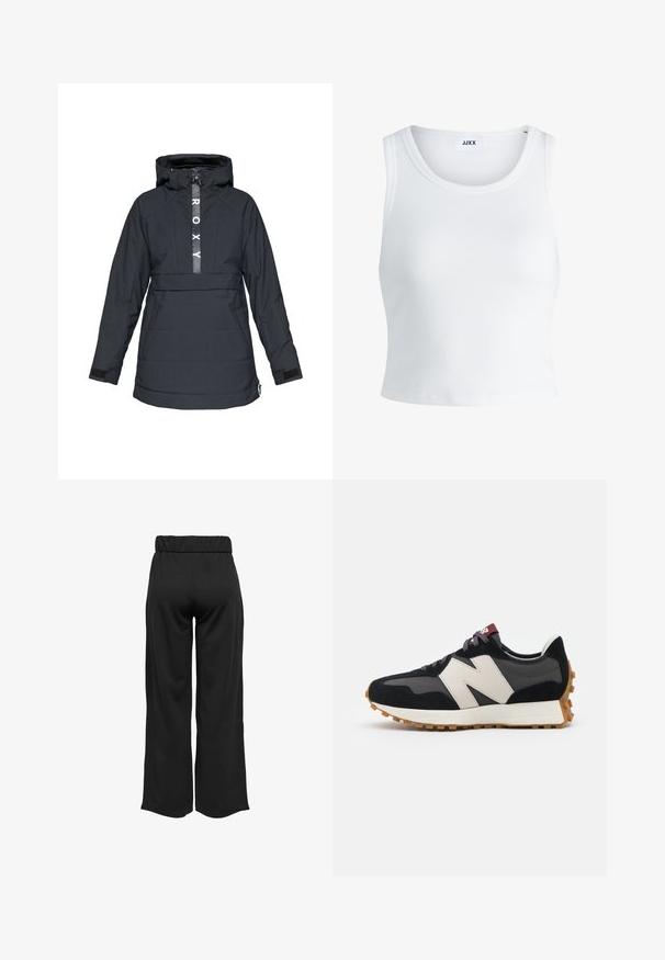 Giacca nera isolante con cappuccio, dotata di zip frontale, logo ben visibile sul petto e polsini regolabili. Tessuto testurizzato con imbottitura.; Canottiera bianca a coste con scollatura rotonda, senza maniche e lunghezza cropped. Etichetta con la scritta "JJXX". Tessuto di texture liscia.; Pantaloni neri a gamba larga con cintura elastica, realizzati in tessuto liscio. Presentano un design pulito senza tasche o dettagli di cucitura visibili.; Sneaker in suede nero e grigio con un grande logo "N" color crema, lacci viola e una suola esterna in gomma gommosa texturizzata.