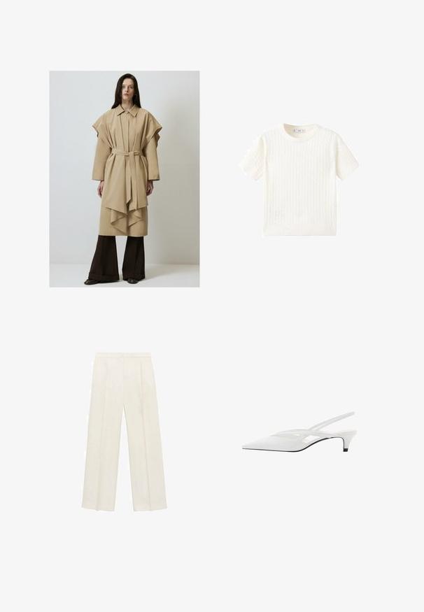 Palton bej cu curea, mâneci supradimensionate și tiv în straturi. Asortat cu pantaloni largi negri și botine, design minimalist.; Pulover alb cu mânecă scurtă, având un model cu tricotaj în cablu, guler rotund și tiv răsucit. Textură moale, ajustare casuală și design curat.; Pantaloni cu picioare largi, de culoare crem deschis. Realizați dintr-un material neted, cu plisuri în față și buzunare laterale.; Sandale albe cu toc slingback și vârf ascuțit, având un upper neted, decupaje subtile și un toc bloc mic. Talpa neagră accentuează designul.