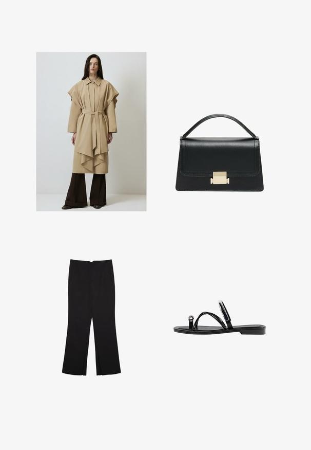 Beżowy płaszcz trencher z paskiem, oversize'owe rękawy i warstwowy dół. W zestawie z ciemnobrązowymi spodniami typu wide-leg i botkami, minimalistyczny design.; Czarny bezrękawnik crop top z gładkiego materiału, z okrągłym dekoltem i czystym, prostym wzornictwem, bez wzorów czy metalowych elementów.; Czarne spodnie o prostym kroju, z przednimi kieszeniami i bocznymi rozcięciami na dole. Wykonane z miękkiego, gładkiego materiału. Odpowiednie na różne okazje.; Czarne płaskie sandały o błyszczącym wykończeniu, z trzema cienkimi paskami i okrąłym detalem metalowym na palcach. Smukły design z minimalnym obcasem.; Czarna skórzana torebka o zorganizowanej konstrukcji, z górną rączką i złotym metalowym zapięciem z przodu. Gładka faktura, minimalne przeszycia.