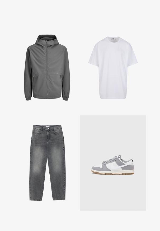 Grå lättviktsjacka med huva, dragkedja fram, elastiska ärmslut och två sidofickor. Slät tyg, minimalistisk design, diskret varumärkeslogotyp.; Vit bomull t-shirt med korta ärmar, rundad halsringning, avslappnad passform och utan synliga logotyper eller mönster. Slät textur och minimal design.; Högmidjade, löst sittande jeans i blekt svart denim. Inkluderar fem fickor, bälteshällor och en ren, rak ben-design.; Grå och vit sneakers med överdel i mocka och läder, rund tå, platta snören och en gummisula med ett accent i gummi.