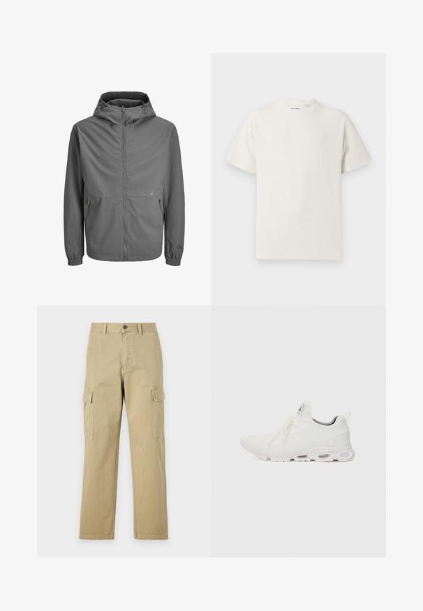 Siva lagana jakna s kapuljačom, zatvaranjem na zip, elastičnim rukavima i dva bočna džepa. Glatka tkanina, minimalistički dizajn, suptilni brend logo.; Bijela kratka majica s kratkim rukavima u rebrastoj teksturi. Okrugli izrez, ležeran kroj, bez vidljivih uzoraka ili akcenta. Jednostavan i svestran dizajn.; Bež cargo hlače izrađene od pamuka, s dva bočna džepa, zatvaranjem na gumb i ravnim nogavicama od blago teksturirane tkanine.; Bijele atletske tenisice s gornjim dijelom od teksturiranog pletenog materijala, ravnim vezicama i jastučićem u potplatu s vidljivim zračnim komorama radi dodatne potpore.