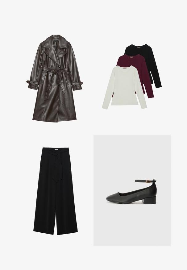 Barna műbőr trench kabát, dupla gombolású elülső résszel, széles hajtókákkal, megkötős övvel és gombos kiemelésekkel az ujjakon.; Hosszú ujjú pólók fehér, burgundi és fekete színben. Puha anyagból készült, kerek nyakú és testhez simuló fazonú. Réteges öltözködéshez is alkalmas.; Fekete, bő szárú nadrág, texturált anyagból, rugalmas derékpánttal és levehető sállal a derekán, amely állítható illeszkedést biztosít.; Fekete bőr magassarkú cipő hegyes orral és alacsony tömb sarkal. Bokapánttal rendelkezik, aranyszínű csattal. Simább textúra.